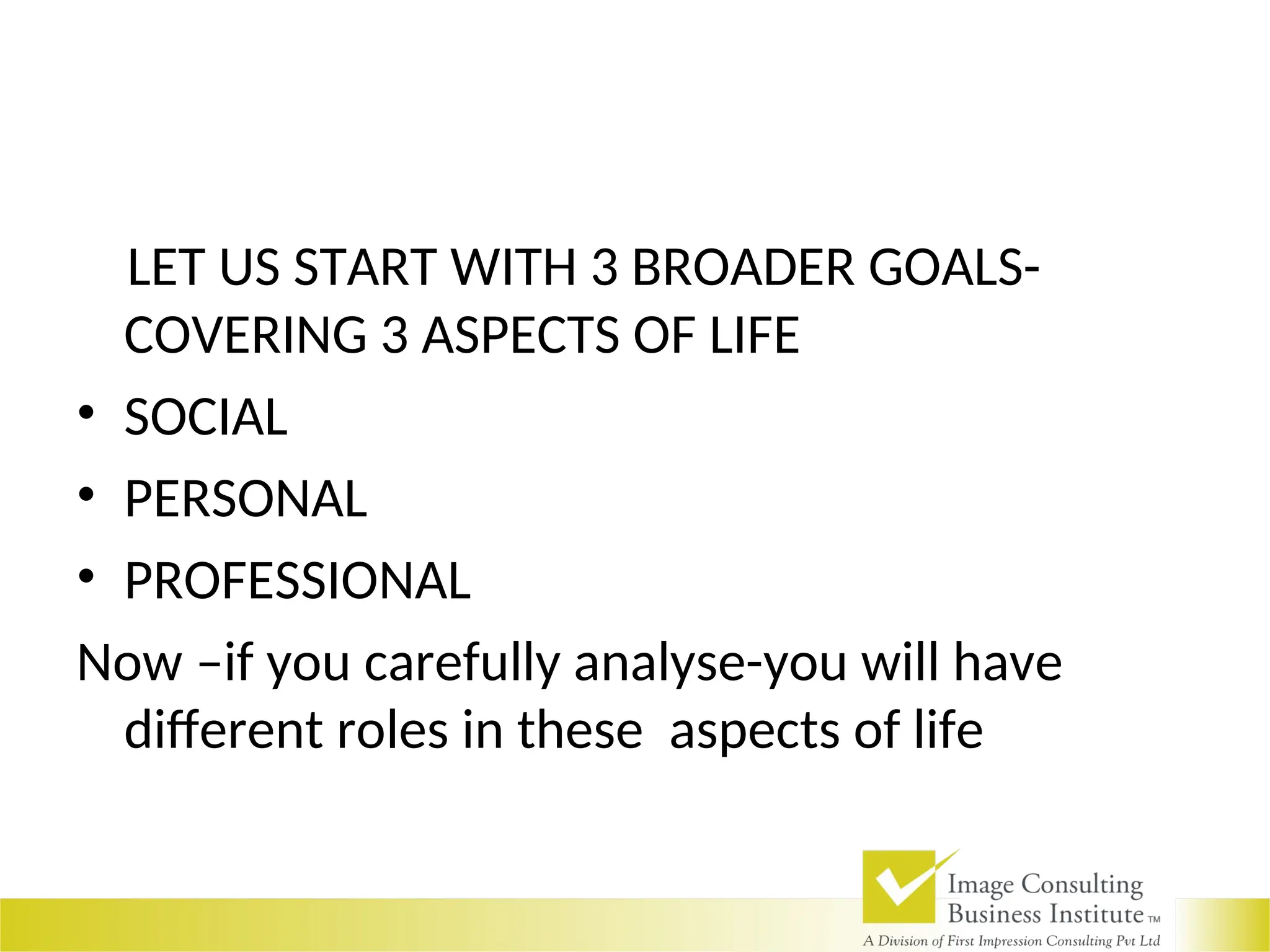 LET US START WITH 3 BROADER GOALS-
COVERING 3 ASPECTS OF LIFE
• SOCIAL
• PERSONAL
• PROFESSIONAL
Now –if you carefully analyse-you will have
different roles in these aspects of life
 