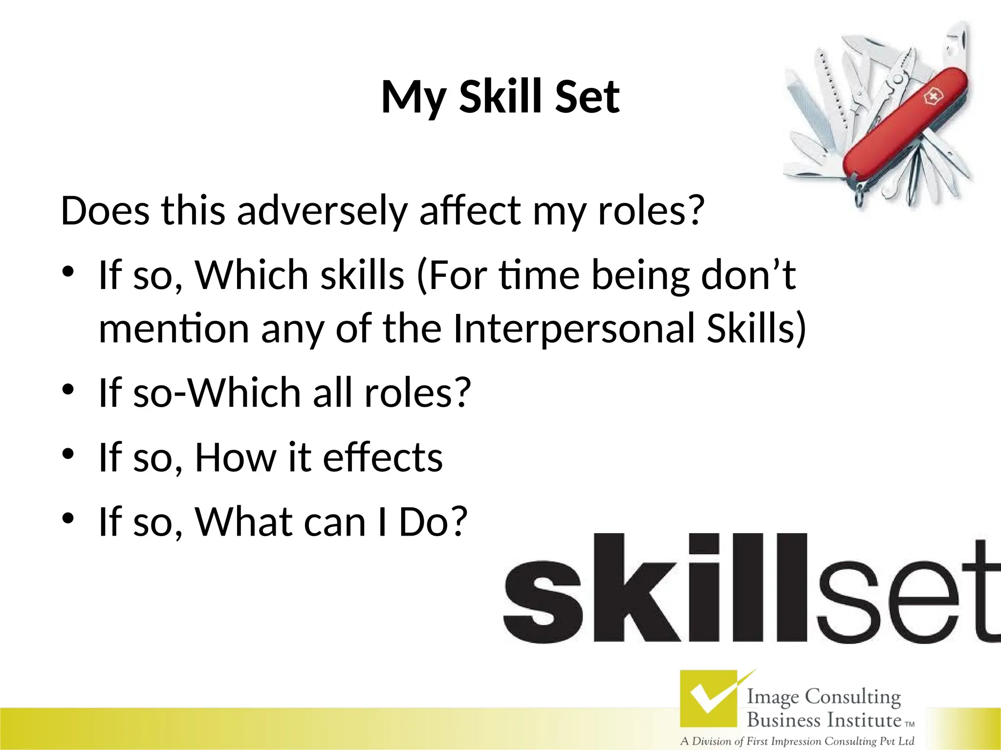 My Skill Set
Does this adversely affect my roles?
• If so, Which skills (For time being don’t
mention any of the Interpersonal Skills)
• If so-Which all roles?
• If so, How it effects
• If so, What can I Do?
 