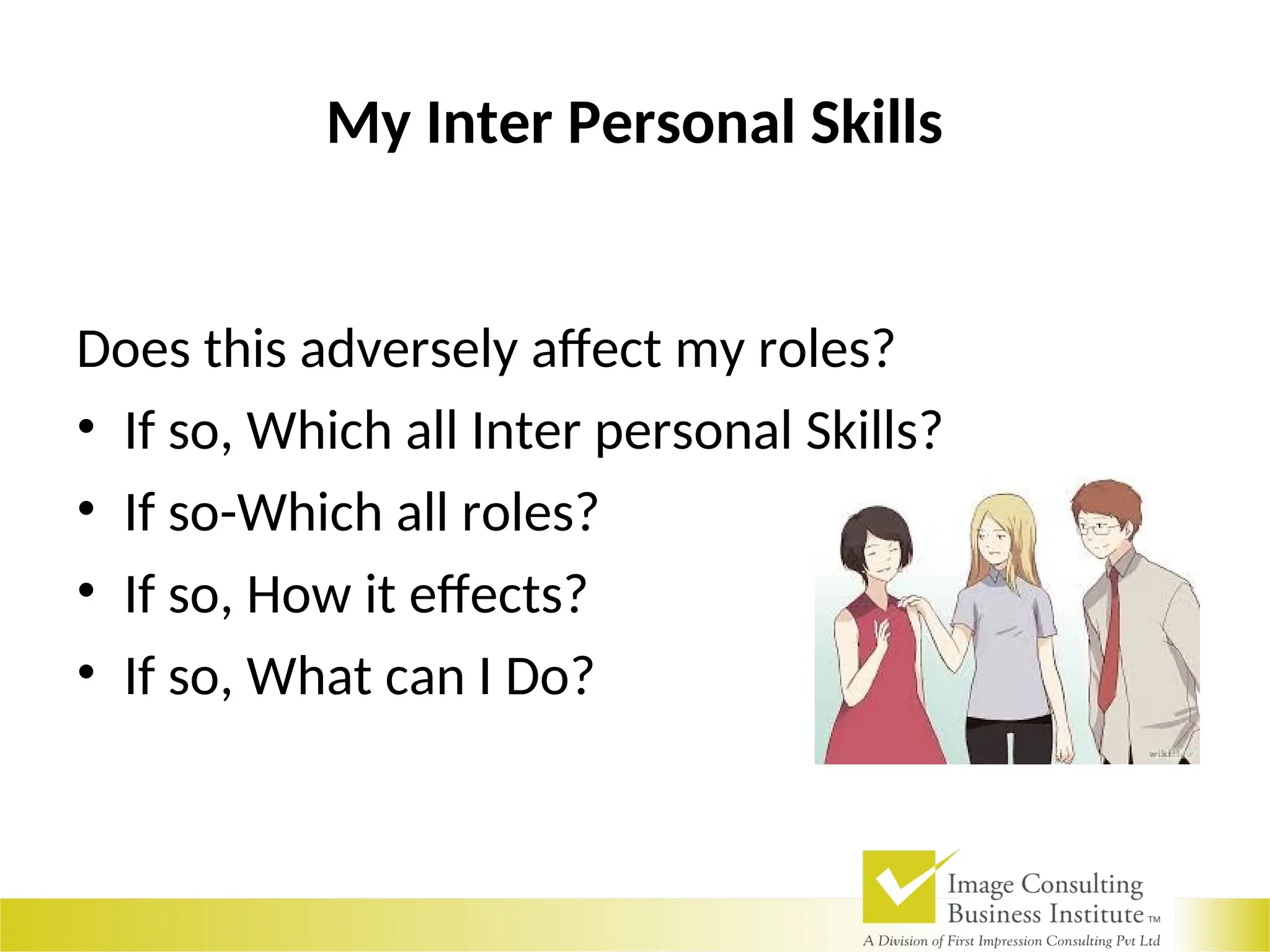 My Inter Personal Skills
Does this adversely affect my roles?
• If so, Which all Inter personal Skills?
• If so-Which all roles?
• If so, How it effects?
• If so, What can I Do?
 