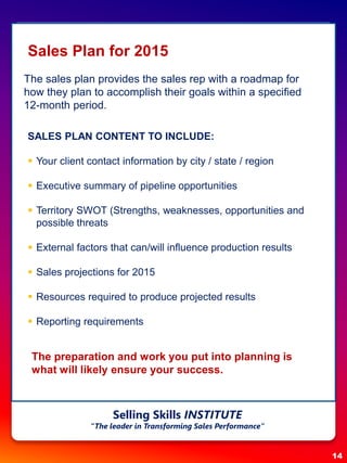 14
Sales Plan for 2015
The sales plan provides the sales rep with a roadmap for
how they plan to accomplish their goals within a specified
12-month period.
SALES PLAN CONTENT TO INCLUDE:
 Your client contact information by city / state / region
 Executive summary of pipeline opportunities
 Territory SWOT (Strengths, weaknesses, opportunities and
possible threats
 External factors that can/will influence production results
 Sales projections for 2015
 Resources required to produce projected results
 Reporting requirements
The preparation and work you put into planning is
what will likely ensure your success.
Selling Skills INSTITUTE
“The leader in Transforming Sales Performance”
 