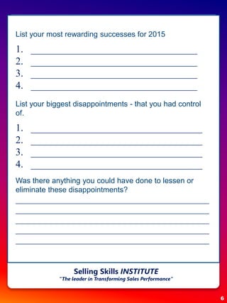 List your most rewarding successes for 2015
1. _________________________________
2. _________________________________
3. _________________________________
4. _________________________________
List your biggest disappointments - that you had control
of.
1. __________________________________
2. __________________________________
3. __________________________________
4. __________________________________
Was there anything you could have done to lessen or
eliminate these disappointments?
______________________________________________
______________________________________________
______________________________________________
______________________________________________
______________________________________________
6
Selling Skills INSTITUTE
“The leader in Transforming Sales Performance”
 