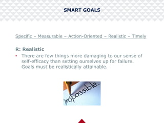 SMART GOALS
Specific – Measurable – Action-Oriented – Realistic – Timely
R: Realistic
• There are few things more damaging to our sense of
self-efficacy than setting ourselves up for failure.
Goals must be realistically attainable.
 