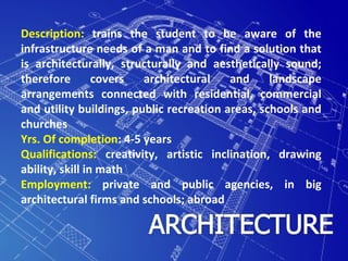 Description: trains the student to be aware of the
infrastructure needs of a man and to find a solution that
is architecturally, structurally and aesthetically sound;
therefore        covers  architectural    and     landscape
arrangements connected with residential, commercial
and utility buildings, public recreation areas, schools and
churches
Yrs. Of completion: 4-5 years
Qualifications: creativity, artistic inclination, drawing
ability, skill in math
Employment: private and public agencies, in big
architectural firms and schools; abroad
 