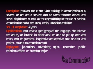 Dscrip n p vid s th stu e t w train g in co mn
 e tio : ro e e d n ith                    in      mu icatio as a
                                                            n
scie ce an art an a se ; aim to te ch th mth e ical an
    n ,            d      rvice      s     a   e e th            d
so sign
  cial     ifican a wll as th re o sib
                 ce s e          e sp n ility in th u o vario s
                                                   e se f       u
co mn
  mu icatio md th P ss, rad , Tle n an F
             n e ia: e re           io e visio d ilm
Y O co p tio : 4 y ars
 rs. f mle n e
Qalifica n mst h a go d grasp o th lan age sh u h
 u       tio s: u ave          o         f e gu s, o ld ave
th ab
  e ility an in re in fie wrk, b ab to p t u w o d
                  te st        ld o       e le      u p ith d
h u mst b p
 o rs, u e ractical, im a an cre ; mst b ale an
                             agin tive d ative u e rt d
p n a ab to co mn
 atie t, n le        mu icate wll e
E p y e t: jo rn
 mlo mn          u alists, ad rtisin m r, re arch r, p b
                               ve      g ajo      se e       u lic
re n o r o b ad m r
  latio s ffice r ro cast ajo
 