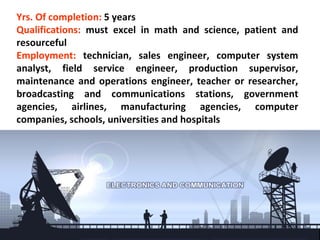Yrs. Of completion: 5 years
Qualifications: must excel in math and science, patient and
resourceful
Employment: technician, sales engineer, computer system
analyst, field service engineer, production supervisor,
maintenance and operations engineer, teacher or researcher,
broadcasting and communications stations, government
agencies, airlines, manufacturing agencies, computer
companies, schools, universities and hospitals
 