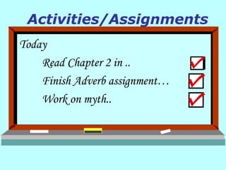 Today Read Chapter 2 in .. Finish Adverb assignment… Work on myth.. Activities/Assignments 