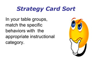 Strategy Card Sort In your table groups,  match the specific  behaviors with  the  appropriate instructional  category. 