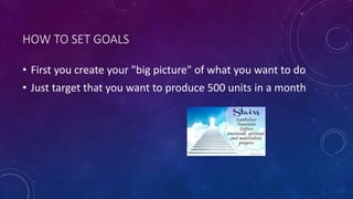 HOW TO SET GOALS
• First you create your "big picture" of what you want to do
• Just target that you want to produce 500 units in a month
 