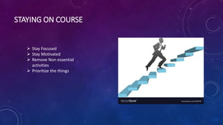 STAYING ON COURSE
 Stay Focused
 Stay Motivated
 Remove Non essential
activities
 Prioritize the things
 