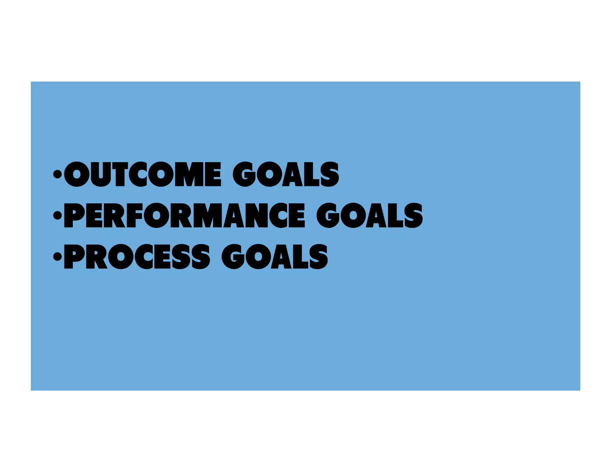 • OUTCOME GOALS
• PERFORMANCE GOALS
• PROCESS GOALS
 