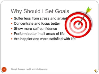 Why Should I Set Goals
     Suffer less from stress and anxiety
     Concentrate and focus better
     Show more self-confidence
     Perform better in all areas of life
     Are happier and more satisfied with life




5   Steps 2 Success Health and Life Coaching:
 