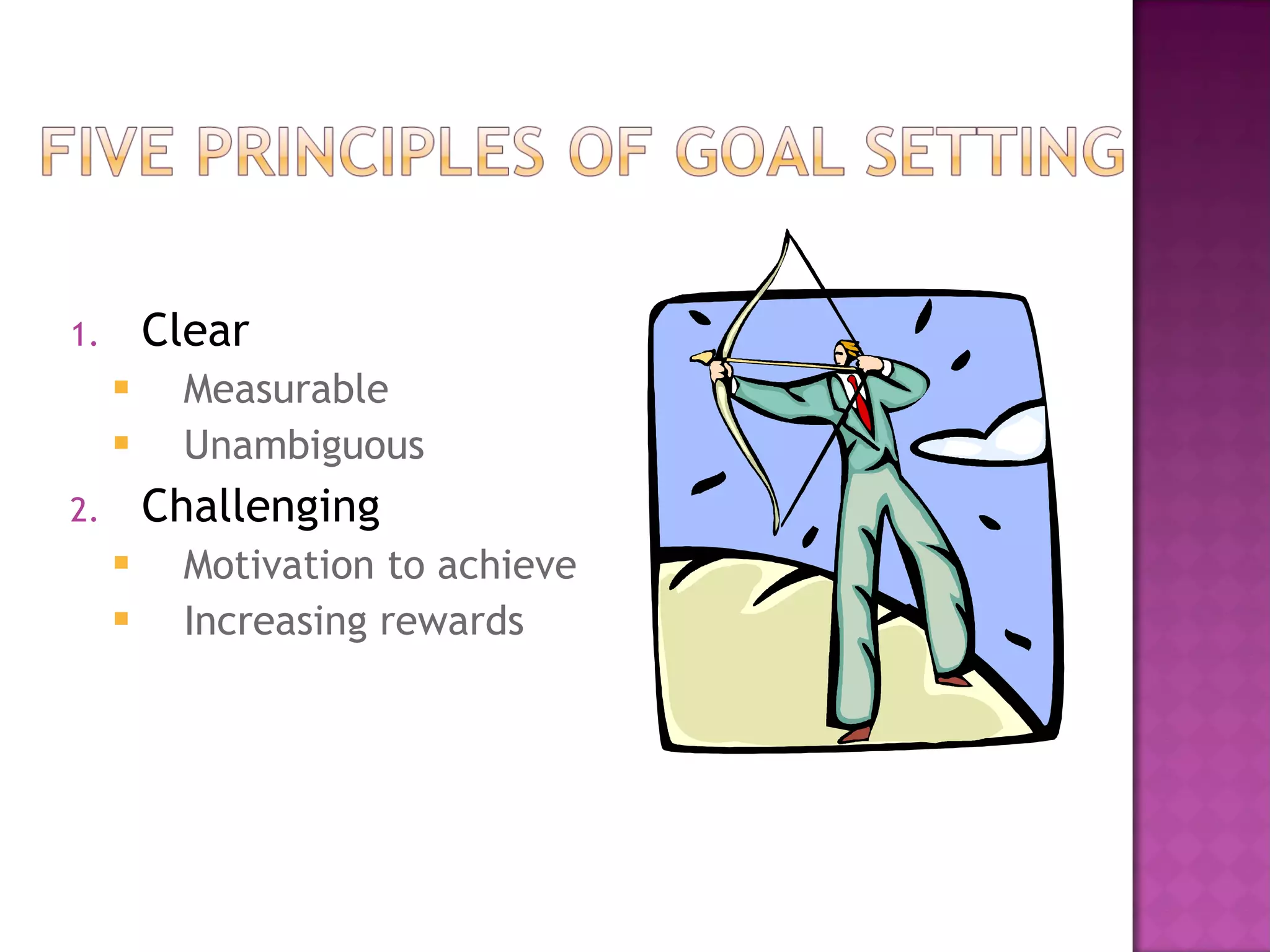 Clear Measurable  Unambiguous  Challenging  Motivation to achieve Increasing rewards 