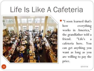 07/17/1436
"I soon learned that's
how everything
works in America,"
the grandfather told a
friend. "Life's a
cafeteria here. You
can get anything you
want as long as you
are willing to pay the
price.
Life Is Like A Cafeteria
 