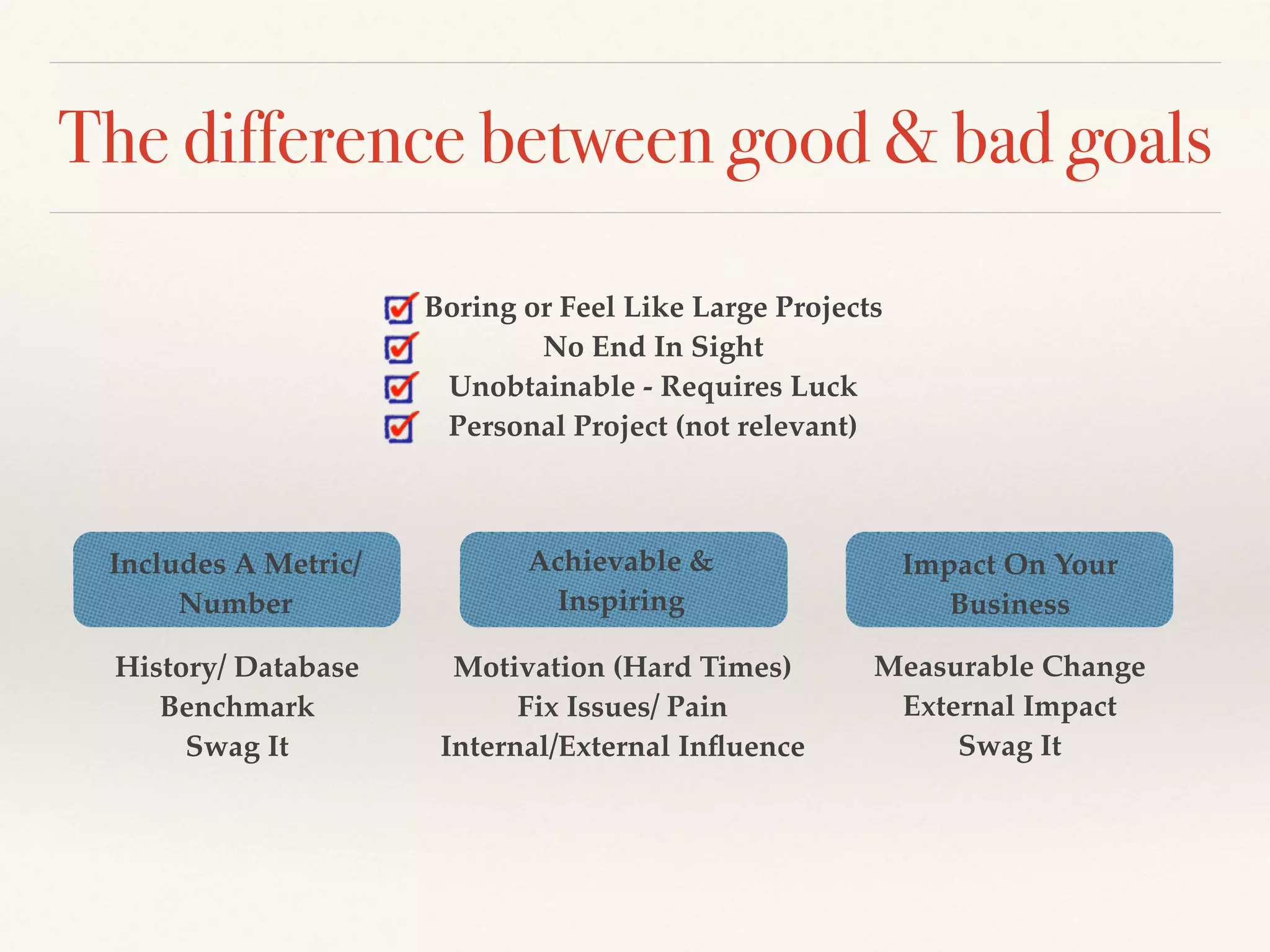 The difference between good & bad goals
History/ Database!
Benchmark!
Swag It
Boring or Feel Like Large Projects!
No End In Sight!
Unobtainable - Requires Luck!
Personal Project (not relevant)
Achievable &
Inspiring
Impact On Your
Business
Includes A Metric/
Number!
Motivation (Hard Times)!
Fix Issues/ Pain !
Internal/External Inﬂuence
Measurable Change!
External Impact!
Swag It
 