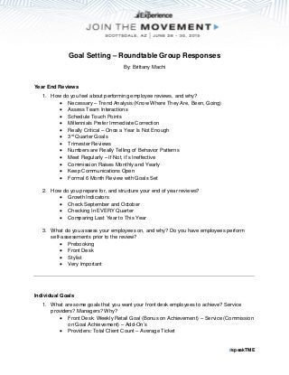 #speakTME
Goal Setting – Roundtable Group Responses
By: Brittany Machi
Year End Reviews
1. How do you feel about performing employee reviews, and why?
 Necessary – Trend Analysis (Know Where They Are, Been, Going)
 Assess Team Interactions
 Schedule Touch Points
 Millennials Prefer Immediate Correction
 Really Critical – Once a Year Is Not Enough
 3rd
Quarter Goals
 Trimester Reviews
 Numbers are Really Telling of Behavior Patterns
 Meet Regularly – If Not, it’s Ineffective
 Commission Raises Monthly and Yearly
 Keep Communications Open
 Formal 6 Month Review with Goals Set
2. How do you prepare for, and structure your end of year reviews?
 Growth Indicators
 Check September and October
 Checking In EVERY Quarter
 Comparing Last Year to This Year
3. What do you assess your employees on, and why? Do you have employees perform
self-assessments prior to the review?
 Prebooking
 Front Desk
 Stylist
 Very Important
Individual Goals
1. What are some goals that you want your front desk employees to achieve? Service
providers? Managers? Why?
 Front Desk: Weekly Retail Goal (Bonus on Achievement) – Service (Commission
on Goal Achievement) – Add-On’s
 Providers: Total Client Count – Average Ticket
 