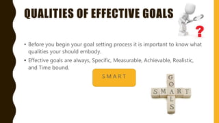 QUALITIES OF EFFECTIVE GOALS
• Before you begin your goal setting process it is important to know what
qualities your should embody.
• Effective goals are always, Specific, Measurable, Achievable, Realistic,
and Time bound.
S M A R T
 