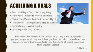 ACHIEVING A GOALS
• Responsibility – Don’t blame anything
• Hard work – Ready to work in any time
• Character – Values, beliefs & personality of you
• Persistence – Failing is also a step to success
• Commitment – Winning edge
• Learning – Life long process
Dependent people need others to get what they want. Independent
people can get what they want through their own effort. Interdependent
people combine their own efforts with the efforts of others to achieve
their greatest success
- 7 Habits-
 