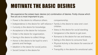 MOTIVATE THE BASIC DESIRES
• Curiosity is the desire for knowledge.
• Acceptance is the desire for inclusion.
• Order is the desire for organization.
• Saving is the desire to collect things.
• Honor is the desire to be loyal to one’s
parents and heritage.
• Idealism is the desire for social justice.
• Social Contact is the desire for
children.
• Status is the desire for social standing.
• Vengeance is the desire to get even.
• Romance is the desire for sex and beauty.
• Eating is the desire to consume food.
• Physical Activity is the desire for exercise of
muscles.
• Tranquility is the desire for emotional calm.
We experience the sixteen basic desires (or) combination of desires. Firstly choose which
five (or) six is most important to you.
• Power is the desire to influence others. companionship.
• Independence is the desire for self-reliance.• Family is the desire to raise one’s own
 