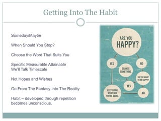 Getting Into The HabitSomeday/MaybeWhen Should You Stop?Choose the Word That Suits YouSpecific Measurable AttainableWe’ll Talk TimescaleNot Hopes and WishesGo From The Fantasy Into The RealityHabit – developed through repetitionbecomes unconscious.