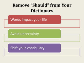 Remove “Should” from Your
Dictionary
Words impact your life
Avoid uncertainty
Shift your vocabulary
 