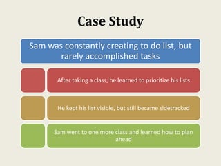 Case Study
Sam was constantly creating to do list, but
rarely accomplished tasks
After taking a class, he learned to prioritize his lists
He kept his list visible, but still became sidetracked
Sam went to one more class and learned how to plan
ahead
 