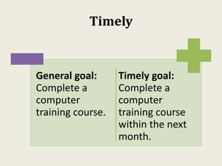 Timely
General goal:
Complete a
computer
training course.
Timely goal:
Complete a
computer
training course
within the next
month.
 