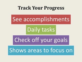 Track Your Progress
See accomplishments
Daily tasks
Check off your goals
Shows areas to focus on
 