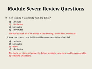 Module Seven: Review Questions
9. How long did it take Tim to wash the dishes?
a) 1 minute
b) 20 minutes
c) 5 minutes
d) 10 minutes
Tim had to wash all of his dishes in the morning. It took him 20 minutes.
10. How much extra time did Tim add between tasks in his schedule?
a) 1 minute
b) 5 minutes
c) None
d) 10 minutes
Tim had a very tight schedule. He did not schedule extra time, and he was not able
to complete small tasks.
 