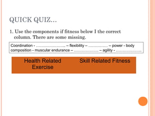 QUICK QUIZ…
1. Use the components if fitness below I the correct
column. There are some missing.
Health Related
Exercise
Skill Related Fitness
Coordination - ………………….. – flexibility – …………… – power - body
composition - muscular endurance – ………………. – agility - ………………..
 