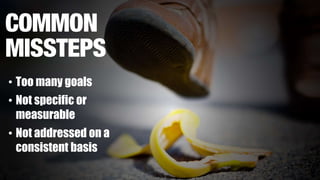 • Too many goals
• Not specific or
measurable
• Not addressed on a
consistent basis