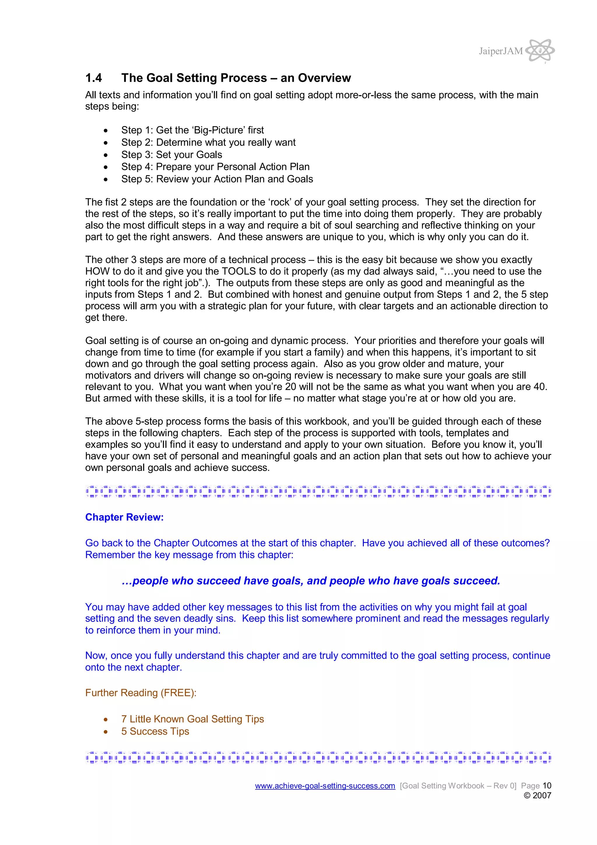 JaiperJAM

1.4

The Goal Setting Process – an Overview

All texts and information you’ll find on goal setting adopt more-or-less the same process, with the main
steps being:
Step 1: Get the ‘Big-Picture’ first
Step 2: Determine what you really want
Step 3: Set your Goals
Step 4: Prepare your Personal Action Plan
Step 5: Review your Action Plan and Goals
The fist 2 steps are the foundation or the ‘rock’ of your goal setting process. They set the direction for
the rest of the steps, so it’s really important to put the time into doing them properly. They are probably
also the most difficult steps in a way and require a bit of soul searching and reflective thinking on your
part to get the right answers. And these answers are unique to you, which is why only you can do it.
The other 3 steps are more of a technical process – this is the easy bit because we show you exactly
HOW to do it and give you the TOOLS to do it properly (as my dad always said, “…you need to use the
right tools for the right job”.). The outputs from these steps are only as good and meaningful as the
inputs from Steps 1 and 2. But combined with honest and genuine output from Steps 1 and 2, the 5 step
process will arm you with a strategic plan for your future, with clear targets and an actionable direction to
get there.
Goal setting is of course an on-going and dynamic process. Your priorities and therefore your goals will
change from time to time (for example if you start a family) and when this happens, it’s important to sit
down and go through the goal setting process again. Also as you grow older and mature, your
motivators and drivers will change so on-going review is necessary to make sure your goals are still
relevant to you. What you want when you’re 20 will not be the same as what you want when you are 40.
But armed with these skills, it is a tool for life – no matter what stage you’re at or how old you are.
The above 5-step process forms the basis of this workbook, and you’ll be guided through each of these
steps in the following chapters. Each step of the process is supported with tools, templates and
examples so you’ll find it easy to understand and apply to your own situation. Before you know it, you’ll
have your own set of personal and meaningful goals and an action plan that sets out how to achieve your
own personal goals and achieve success.

Chapter Review:
Go back to the Chapter Outcomes at the start of this chapter. Have you achieved all of these outcomes?
Remember the key message from this chapter:

…people who succeed have goals, and people who have goals succeed.
You may have added other key messages to this list from the activities on why you might fail at goal
setting and the seven deadly sins. Keep this list somewhere prominent and read the messages regularly
to reinforce them in your mind.
Now, once you fully understand this chapter and are truly committed to the goal setting process, continue
onto the next chapter.
Further Reading (FREE):
7 Little Known Goal Setting Tips
5 Success Tips

www.achieve-goal-setting-success.com [Goal Setting Workbook – Rev 0] Page 10

© 2007

 