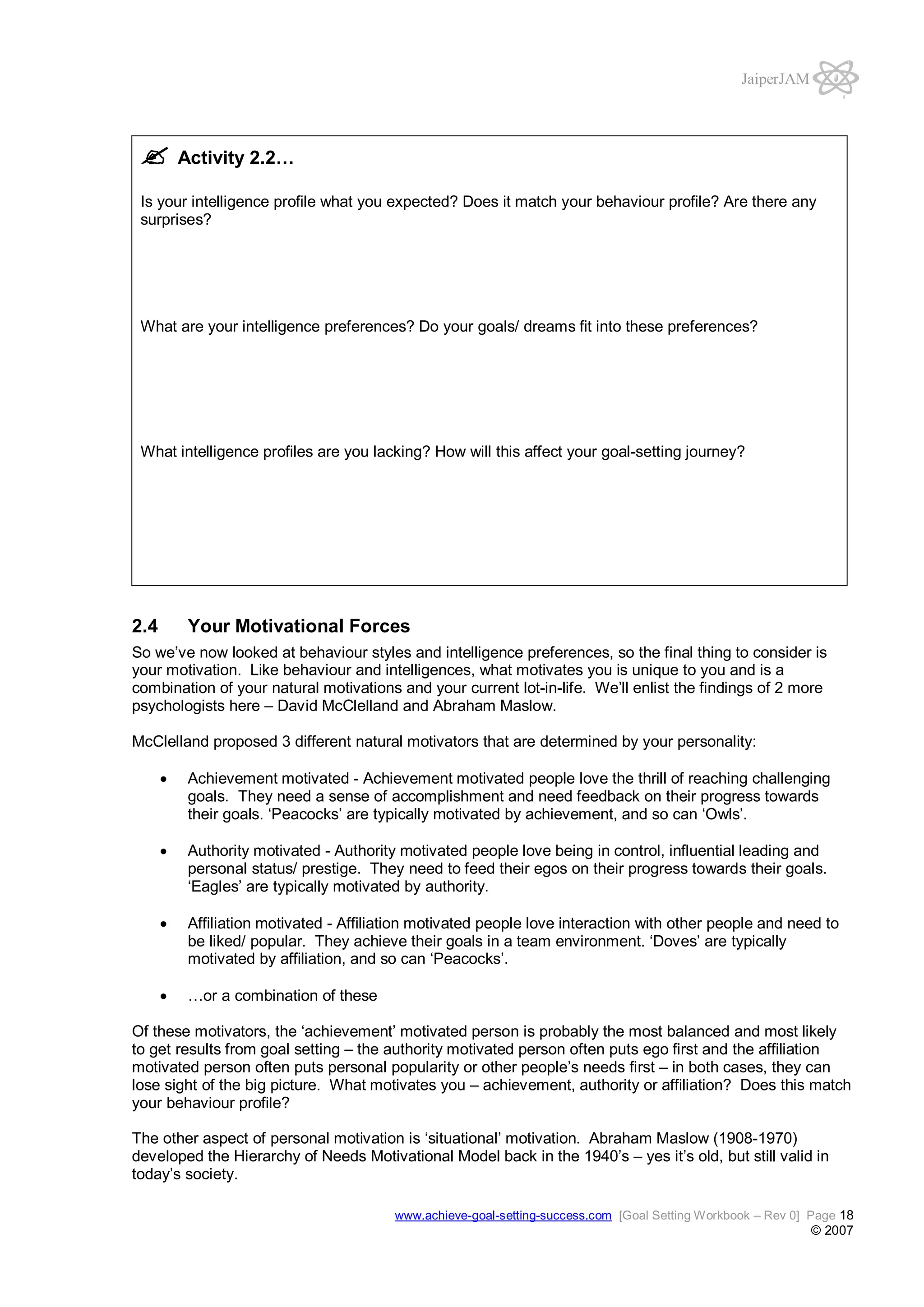 JaiperJAM

Activity 2.2…
Is your intelligence profile what you expected? Does it match your behaviour profile? Are there any
surprises?

What are your intelligence preferences? Do your goals/ dreams fit into these preferences?

What intelligence profiles are you lacking? How will this affect your goal-setting journey?

2.4

Your Motivational Forces

So we’ve now looked at behaviour styles and intelligence preferences, so the final thing to consider is
your motivation. Like behaviour and intelligences, what motivates you is unique to you and is a
combination of your natural motivations and your current lot-in-life. We’ll enlist the findings of 2 more
psychologists here – David McClelland and Abraham Maslow.
McClelland proposed 3 different natural motivators that are determined by your personality:
Achievement motivated - Achievement motivated people love the thrill of reaching challenging
goals. They need a sense of accomplishment and need feedback on their progress towards
their goals. ‘Peacocks’ are typically motivated by achievement, and so can ‘Owls’.
Authority motivated - Authority motivated people love being in control, influential leading and
personal status/ prestige. They need to feed their egos on their progress towards their goals.
‘Eagles’ are typically motivated by authority.
Affiliation motivated - Affiliation motivated people love interaction with other people and need to
be liked/ popular. They achieve their goals in a team environment. ‘Doves’ are typically
motivated by affiliation, and so can ‘Peacocks’.
…or a combination of these
Of these motivators, the ‘achievement’ motivated person is probably the most balanced and most likely
to get results from goal setting – the authority motivated person often puts ego first and the affiliation
motivated person often puts personal popularity or other people’s needs first – in both cases, they can
lose sight of the big picture. What motivates you – achievement, authority or affiliation? Does this match
your behaviour profile?
The other aspect of personal motivation is ‘situational’ motivation. Abraham Maslow (1908-1970)
developed the Hierarchy of Needs Motivational Model back in the 1940’s – yes it’s old, but still valid in
today’s society.
www.achieve-goal-setting-success.com [Goal Setting Workbook – Rev 0] Page 18

© 2007

 