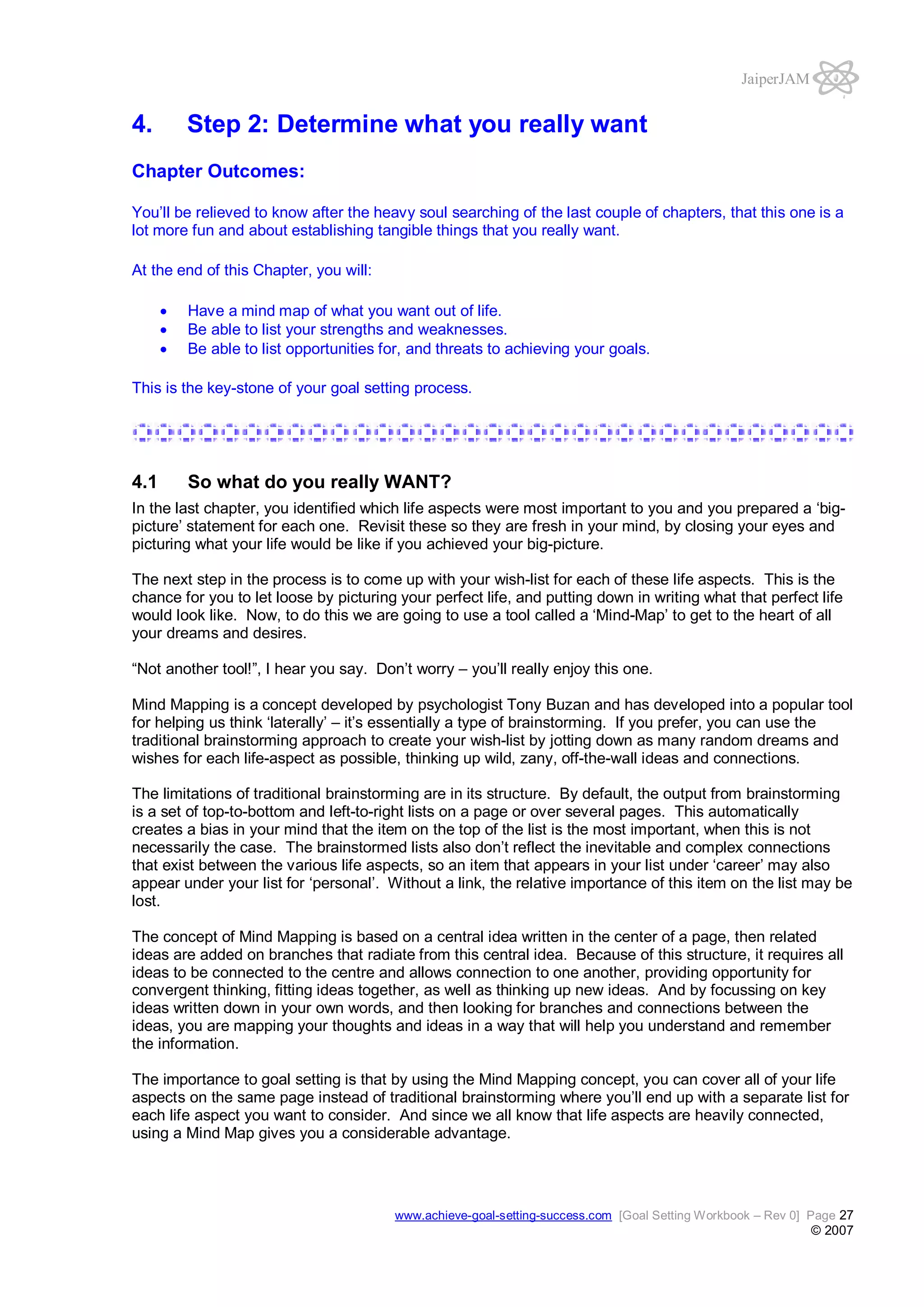 JaiperJAM

4.

Step 2: Determine what you really want

Chapter Outcomes:
You’ll be relieved to know after the heavy soul searching of the last couple of chapters, that this one is a
lot more fun and about establishing tangible things that you really want.
At the end of this Chapter, you will:
Have a mind map of what you want out of life.
Be able to list your strengths and weaknesses.
Be able to list opportunities for, and threats to achieving your goals.
This is the key-stone of your goal setting process.

4.1

So what do you really WANT?

In the last chapter, you identified which life aspects were most important to you and you prepared a ‘bigpicture’ statement for each one. Revisit these so they are fresh in your mind, by closing your eyes and
picturing what your life would be like if you achieved your big-picture.
The next step in the process is to come up with your wish-list for each of these life aspects. This is the
chance for you to let loose by picturing your perfect life, and putting down in writing what that perfect life
would look like. Now, to do this we are going to use a tool called a ‘Mind-Map’ to get to the heart of all
your dreams and desires.
“Not another tool!”, I hear you say. Don’t worry – you’ll really enjoy this one.
Mind Mapping is a concept developed by psychologist Tony Buzan and has developed into a popular tool
for helping us think ‘laterally’ – it’s essentially a type of brainstorming. If you prefer, you can use the
traditional brainstorming approach to create your wish-list by jotting down as many random dreams and
wishes for each life-aspect as possible, thinking up wild, zany, off-the-wall ideas and connections.
The limitations of traditional brainstorming are in its structure. By default, the output from brainstorming
is a set of top-to-bottom and left-to-right lists on a page or over several pages. This automatically
creates a bias in your mind that the item on the top of the list is the most important, when this is not
necessarily the case. The brainstormed lists also don’t reflect the inevitable and complex connections
that exist between the various life aspects, so an item that appears in your list under ‘career’ may also
appear under your list for ‘personal’. Without a link, the relative importance of this item on the list may be
lost.
The concept of Mind Mapping is based on a central idea written in the center of a page, then related
ideas are added on branches that radiate from this central idea. Because of this structure, it requires all
ideas to be connected to the centre and allows connection to one another, providing opportunity for
convergent thinking, fitting ideas together, as well as thinking up new ideas. And by focussing on key
ideas written down in your own words, and then looking for branches and connections between the
ideas, you are mapping your thoughts and ideas in a way that will help you understand and remember
the information.
The importance to goal setting is that by using the Mind Mapping concept, you can cover all of your life
aspects on the same page instead of traditional brainstorming where you’ll end up with a separate list for
each life aspect you want to consider. And since we all know that life aspects are heavily connected,
using a Mind Map gives you a considerable advantage.

www.achieve-goal-setting-success.com [Goal Setting Workbook – Rev 0] Page 27

© 2007

 