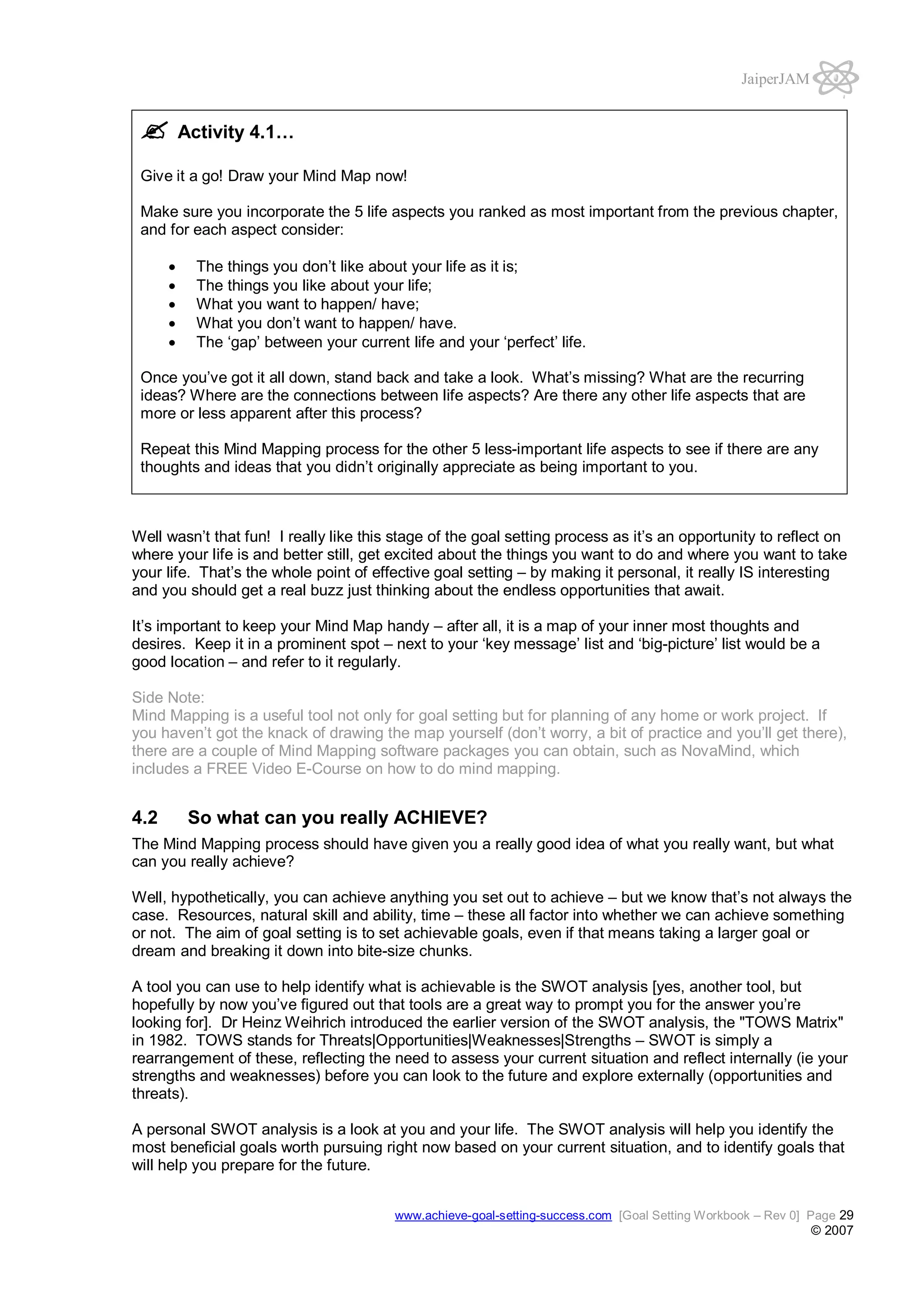 JaiperJAM

Activity 4.1…
Give it a go! Draw your Mind Map now!
Make sure you incorporate the 5 life aspects you ranked as most important from the previous chapter,
and for each aspect consider:
The things you don’t like about your life as it is;
The things you like about your life;
What you want to happen/ have;
What you don’t want to happen/ have.
The ‘gap’ between your current life and your ‘perfect’ life.
Once you’ve got it all down, stand back and take a look. What’s missing? What are the recurring
ideas? Where are the connections between life aspects? Are there any other life aspects that are
more or less apparent after this process?
Repeat this Mind Mapping process for the other 5 less-important life aspects to see if there are any
thoughts and ideas that you didn’t originally appreciate as being important to you.

Well wasn’t that fun! I really like this stage of the goal setting process as it’s an opportunity to reflect on
where your life is and better still, get excited about the things you want to do and where you want to take
your life. That’s the whole point of effective goal setting – by making it personal, it really IS interesting
and you should get a real buzz just thinking about the endless opportunities that await.
It’s important to keep your Mind Map handy – after all, it is a map of your inner most thoughts and
desires. Keep it in a prominent spot – next to your ‘key message’ list and ‘big-picture’ list would be a
good location – and refer to it regularly.
Side Note:
Mind Mapping is a useful tool not only for goal setting but for planning of any home or work project. If
you haven’t got the knack of drawing the map yourself (don’t worry, a bit of practice and you’ll get there),
there are a couple of Mind Mapping software packages you can obtain, such as NovaMind, which
includes a FREE Video E-Course on how to do mind mapping.

4.2

So what can you really ACHIEVE?

The Mind Mapping process should have given you a really good idea of what you really want, but what
can you really achieve?
Well, hypothetically, you can achieve anything you set out to achieve – but we know that’s not always the
case. Resources, natural skill and ability, time – these all factor into whether we can achieve something
or not. The aim of goal setting is to set achievable goals, even if that means taking a larger goal or
dream and breaking it down into bite-size chunks.
A tool you can use to help identify what is achievable is the SWOT analysis [yes, another tool, but
hopefully by now you’ve figured out that tools are a great way to prompt you for the answer you’re
looking for]. Dr Heinz Weihrich introduced the earlier version of the SWOT analysis, the "TOWS Matrix"
in 1982. TOWS stands for Threats|Opportunities|Weaknesses|Strengths – SWOT is simply a
rearrangement of these, reflecting the need to assess your current situation and reflect internally (ie your
strengths and weaknesses) before you can look to the future and explore externally (opportunities and
threats).
A personal SWOT analysis is a look at you and your life. The SWOT analysis will help you identify the
most beneficial goals worth pursuing right now based on your current situation, and to identify goals that
will help you prepare for the future.
www.achieve-goal-setting-success.com [Goal Setting Workbook – Rev 0] Page 29

© 2007

 