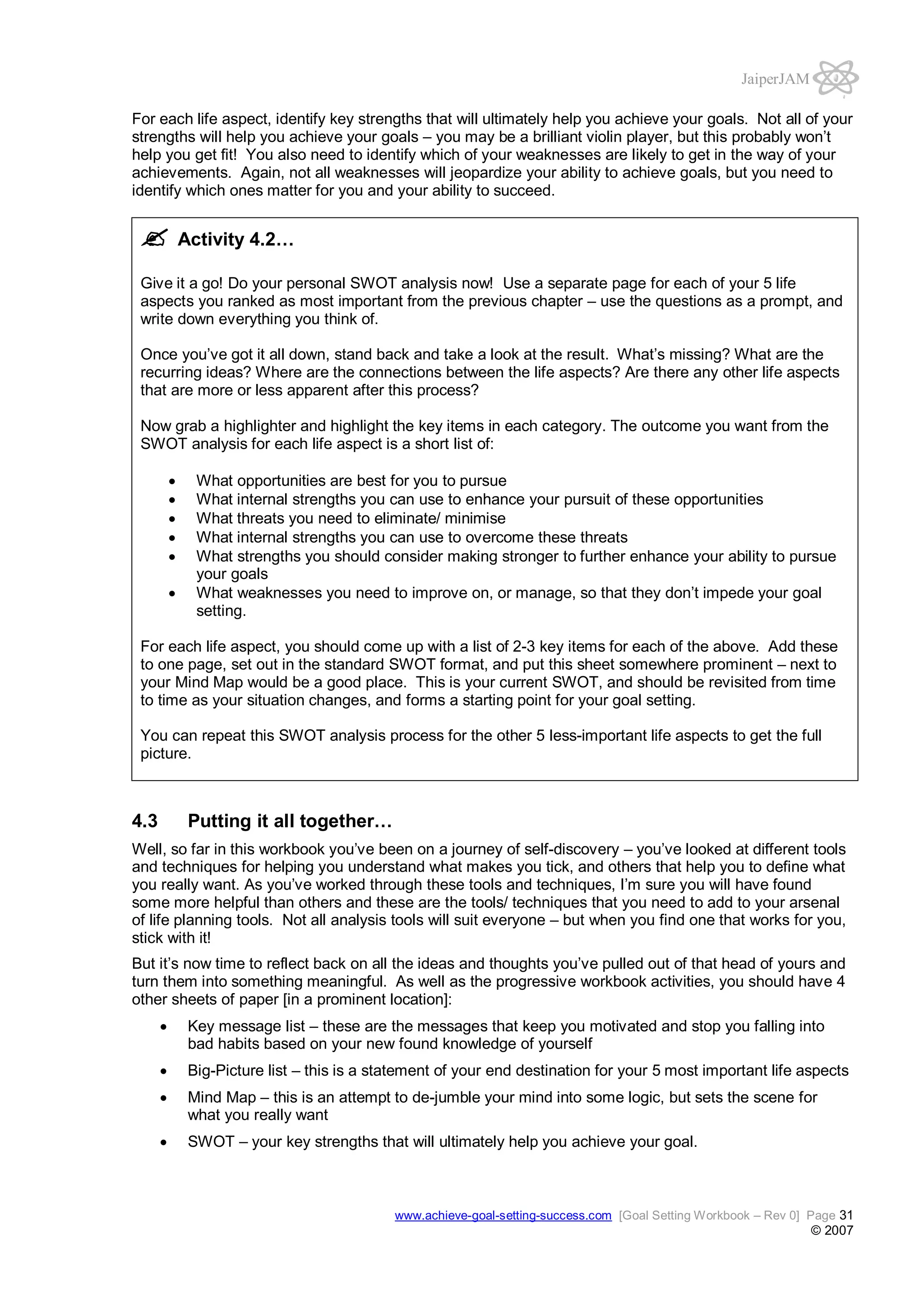 JaiperJAM
For each life aspect, identify key strengths that will ultimately help you achieve your goals. Not all of your
strengths will help you achieve your goals – you may be a brilliant violin player, but this probably won’t
help you get fit! You also need to identify which of your weaknesses are likely to get in the way of your
achievements. Again, not all weaknesses will jeopardize your ability to achieve goals, but you need to
identify which ones matter for you and your ability to succeed.

Activity 4.2…
Give it a go! Do your personal SWOT analysis now! Use a separate page for each of your 5 life
aspects you ranked as most important from the previous chapter – use the questions as a prompt, and
write down everything you think of.
Once you’ve got it all down, stand back and take a look at the result. What’s missing? What are the
recurring ideas? Where are the connections between the life aspects? Are there any other life aspects
that are more or less apparent after this process?
Now grab a highlighter and highlight the key items in each category. The outcome you want from the
SWOT analysis for each life aspect is a short list of:
What opportunities are best for you to pursue
What internal strengths you can use to enhance your pursuit of these opportunities
What threats you need to eliminate/ minimise
What internal strengths you can use to overcome these threats
What strengths you should consider making stronger to further enhance your ability to pursue
your goals
What weaknesses you need to improve on, or manage, so that they don’t impede your goal
setting.
For each life aspect, you should come up with a list of 2-3 key items for each of the above. Add these
to one page, set out in the standard SWOT format, and put this sheet somewhere prominent – next to
your Mind Map would be a good place. This is your current SWOT, and should be revisited from time
to time as your situation changes, and forms a starting point for your goal setting.
You can repeat this SWOT analysis process for the other 5 less-important life aspects to get the full
picture.

4.3

Putting it all together…

Well, so far in this workbook you’ve been on a journey of self-discovery – you’ve looked at different tools
and techniques for helping you understand what makes you tick, and others that help you to define what
you really want. As you’ve worked through these tools and techniques, I’m sure you will have found
some more helpful than others and these are the tools/ techniques that you need to add to your arsenal
of life planning tools. Not all analysis tools will suit everyone – but when you find one that works for you,
stick with it!
But it’s now time to reflect back on all the ideas and thoughts you’ve pulled out of that head of yours and
turn them into something meaningful. As well as the progressive workbook activities, you should have 4
other sheets of paper [in a prominent location]:
Key message list – these are the messages that keep you motivated and stop you falling into
bad habits based on your new found knowledge of yourself
Big-Picture list – this is a statement of your end destination for your 5 most important life aspects
Mind Map – this is an attempt to de-jumble your mind into some logic, but sets the scene for
what you really want
SWOT – your key strengths that will ultimately help you achieve your goal.

www.achieve-goal-setting-success.com [Goal Setting Workbook – Rev 0] Page 31

© 2007

 
