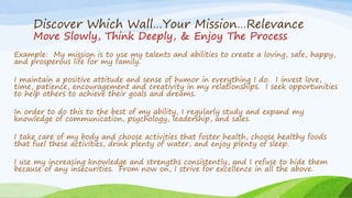 Discover Which Wall…Your Mission…Relevance
Move Slowly, Think Deeply, & Enjoy The Process
3. List Your Values, Dreams, & P...