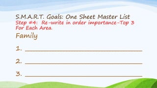 S.M.A.R.T. Goals: One Sheet Master List
Step #4: Re-write in order importance-Top 3
For Each Area.
Physical
1. ___________...