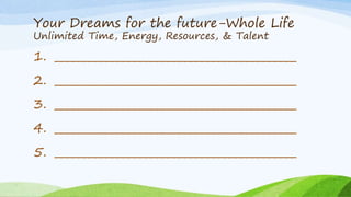 Dreams & Goals
Nearly ___________% of people have dreams
_______% have goals
_______% have Written Goals
_______% have a P...