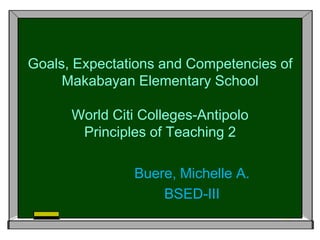 Goals, Expectations and Competencies of
Makabayan Elementary School
World Citi Colleges-Antipolo
Principles of Teaching 2
Buere, Michelle A.
BSED-III

 