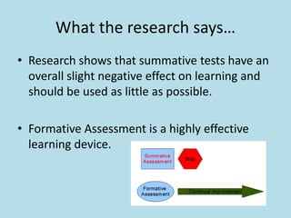 What the research says… 
• Research shows that summative tests have an 
overall slight negative effect on learning and 
should be used as little as possible. 
• Formative Assessment is a highly effective 
learning device. 
 