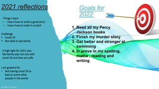 Goals for
2022
By Eleanor Steven
Things I learn
• I learn how to write a good story
• I learn how to code in scratch
Challenge
 Covid 19
 Not able to see family
I am grateful for
• Not having covid 19 as
bad so some other
people in the world
2021 reflections
1. Read all my Percy
Jackson books
2. Finish my murder story
3. Get better and stronger at
swimming
4. In prove in my spelling,
maths , reading and
writing
A high light for 2021 was
My family was not sick with
covid 19 and they are safe
 
