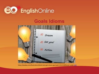 Goals Idioms
shared under CC0
https://pixabay.com/illustrations/block-lamp-get-dream-goal-path-1512119/
 