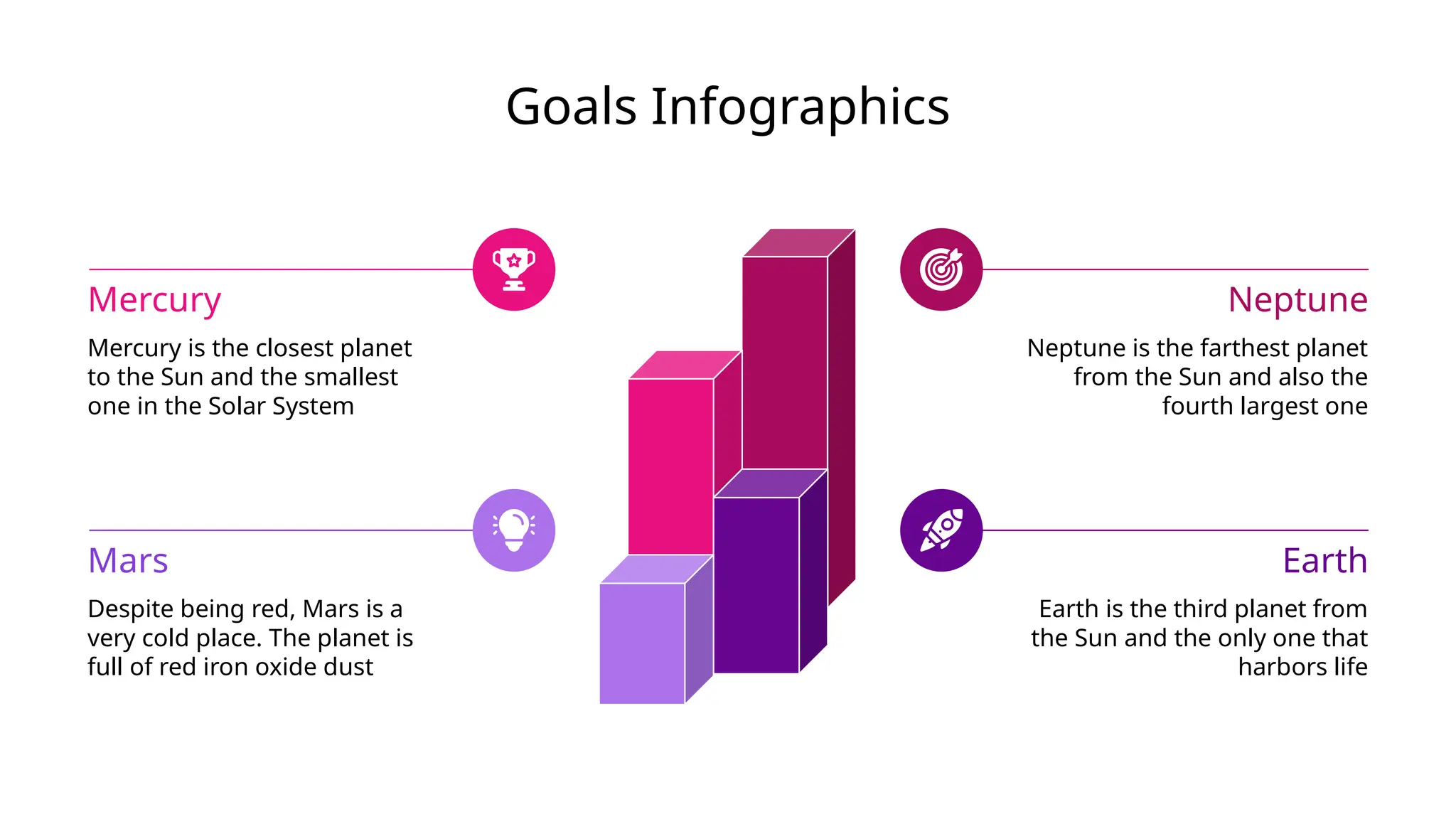 Goals Infographics
Mercury is the closest planet
to the Sun and the smallest
one in the Solar System
Mercury
Mars
Despite being red, Mars is a
very cold place. The planet is
full of red iron oxide dust
Neptune
Neptune is the farthest planet
from the Sun and also the
fourth largest one
Earth
Earth is the third planet from
the Sun and the only one that
harbors life
 