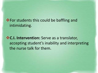 For students this could be baffling and
intimidating.
C.I. Intervention: Serve as a translator,
accepting student’s inab...