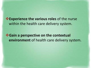 Experience the various roles of the nurse
within the health care delivery system.
Gain a perspective on the contextual
e...