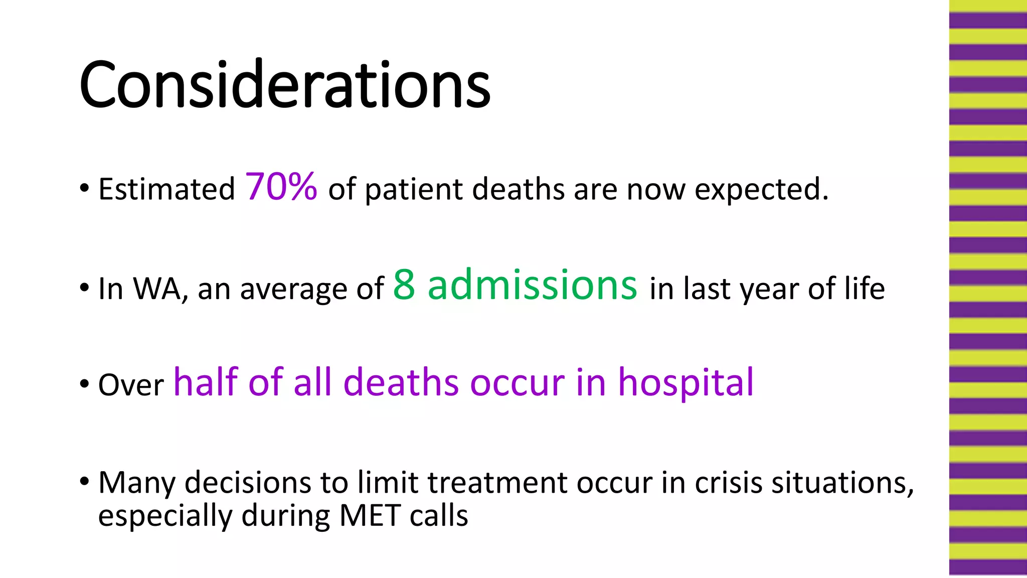 Considerations
• Estimated 70% of patient deaths are now expected.
• In WA, an average of 8 admissions in last year of life
• Over half of all deaths occur in hospital
• Many decisions to limit treatment occur in crisis situations,
especially during MET calls
 