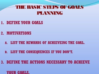 THE BASIC STEPS OF GOALS
PLANNING
1. DEFINE YOUR GOALS
2. MOTIVATIONS
A. LIST THE REWARDS OF ACHIEVEING THE GOAL.
B. LIST THE CONSEQUENCES IF YOU DON’T.
3. DEFINE THE ACTIONS NECESSARY TO ACHIEVE
 