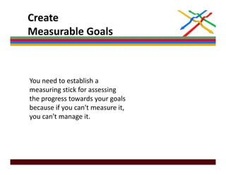 Create 
Measurable Goals
Measurable Goals



You need to establish a 
measuring stick for assessing 
the progress towards your goals 
the progress towards your goals
because if you can't measure it, 
you can't manage it.
 