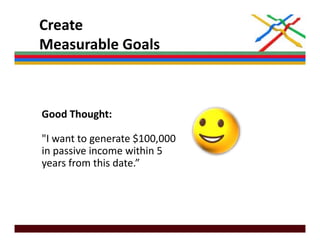 Create 
Measurable Goals
Measurable Goals



Good Thought: 

"I want to generate $100 000
 I want to generate $100,000 
in passive income within 5 
years from this date.”
 
