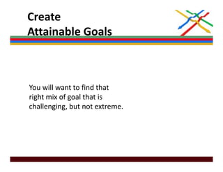 Create 
Attainable Goals
Attainable Goals



You will want to find that 
right mix of goal that is 
right mix of goal that is
challenging, but not extreme.
 